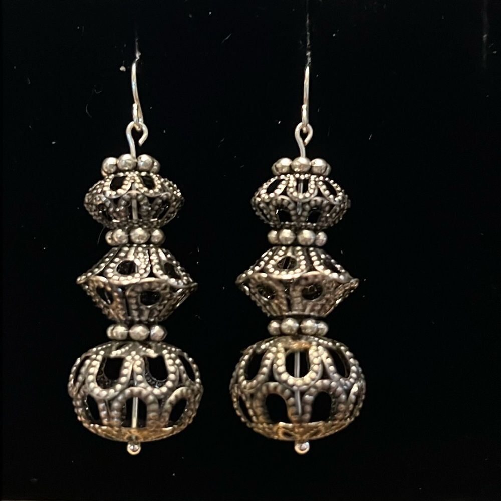 Handcrafted Silver Tone Earrings with Vintage Beading